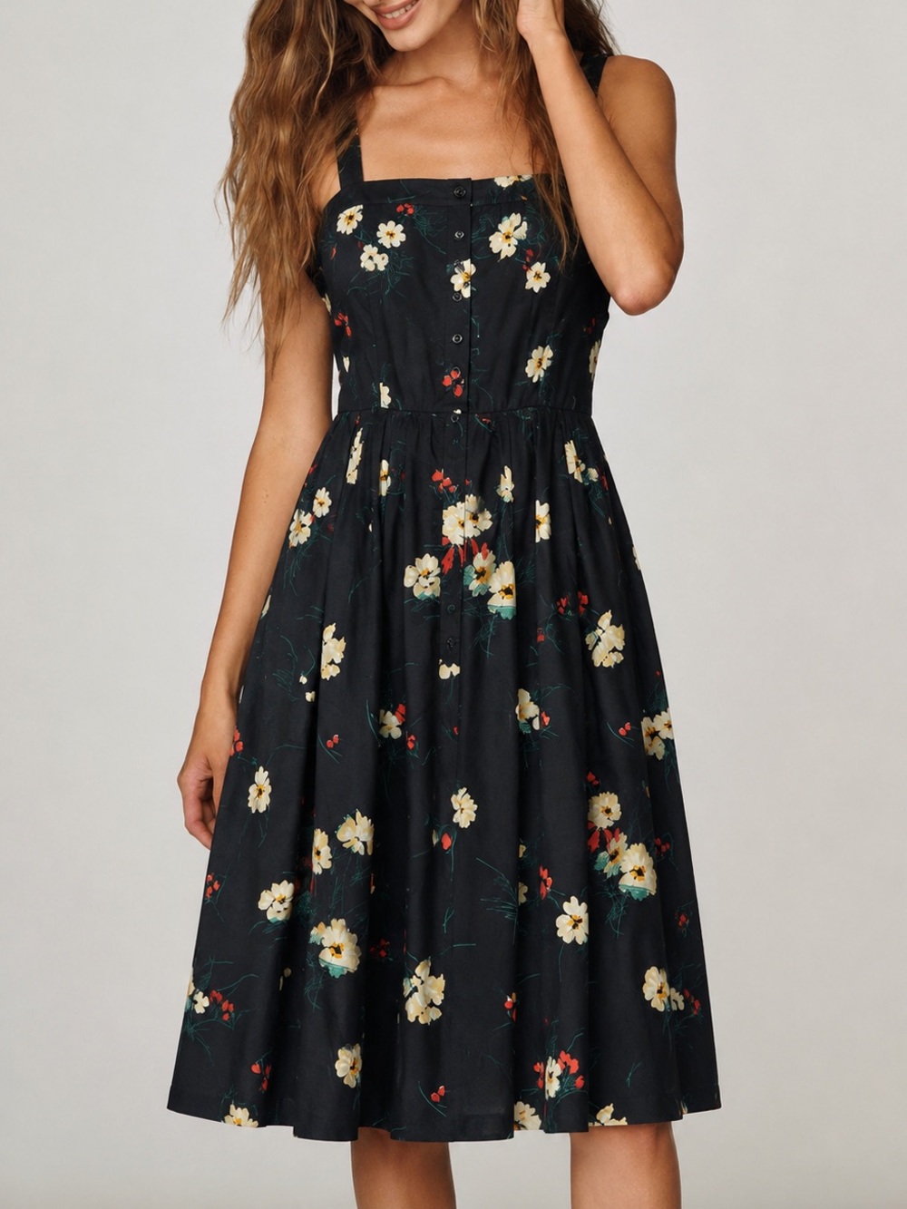 Handmade artsy Dark Floral Medium women’s 8 vintage style midi fit flare dress